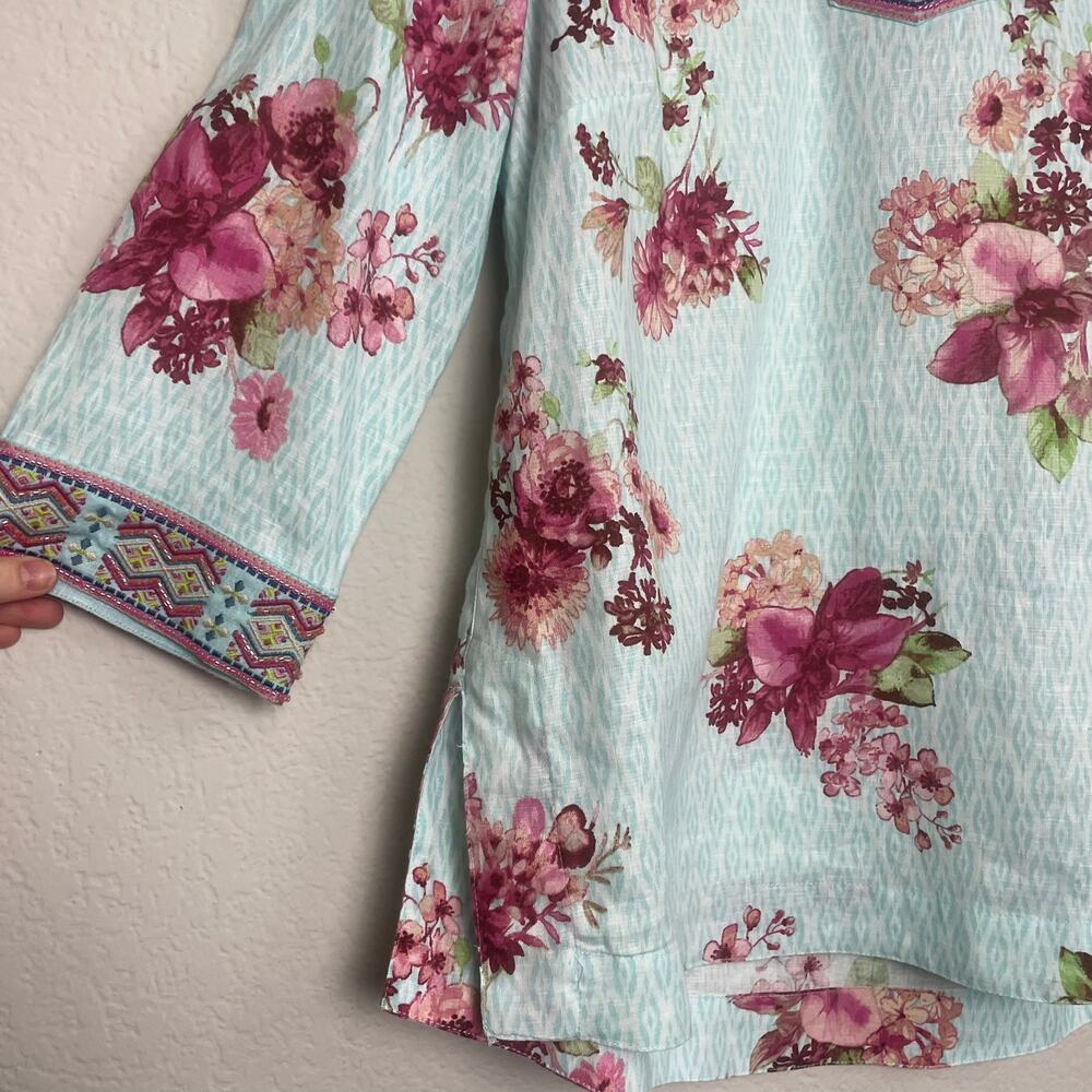 John Mark Women's Blue Floral Beaded V-Neck Linen Cotton Tunic Size Large - Picture 4 of 8